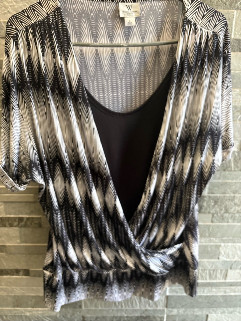 Worthington Black and White Patterned Faux-Layer Wrap Top